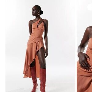 Asymmetric One-Shoulder Rust Midi Dress